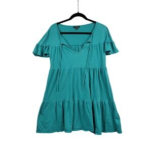 J. Crew Tiered Ruffle Sleeve Tunic Dress Teal Green Cotton Blend Women's Size S‎